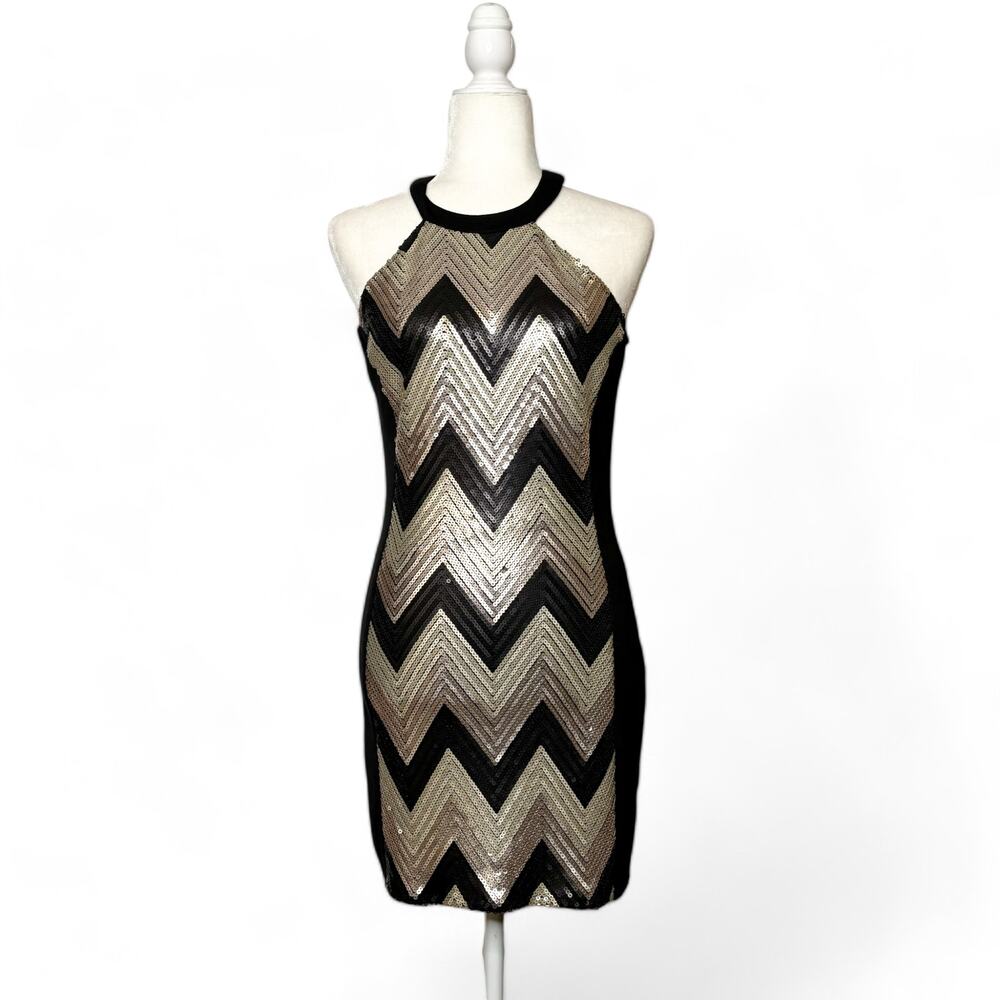 G by Guess Chevron Stripe Sequin Halter Dress Gold Black Small